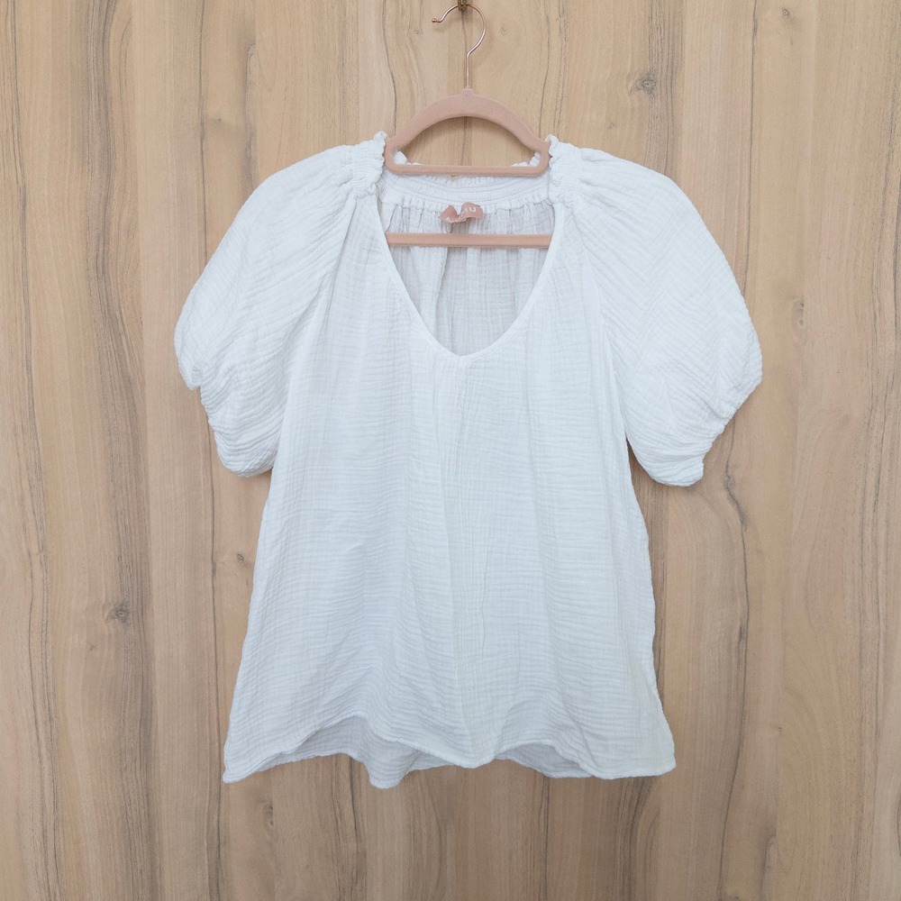 Show Me Your Mumu Womens Gauze Top XS‎ White Cotton Puff Sleeve Cottage Coastal